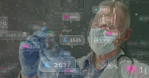 Masked physician preparing vaccine with digital social media icons over urban city skyline