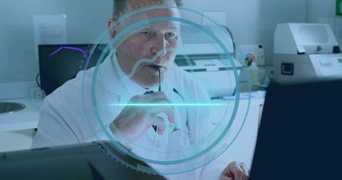 Scientist Analyzing Data with Futuristic Interface in Modern Laboratory