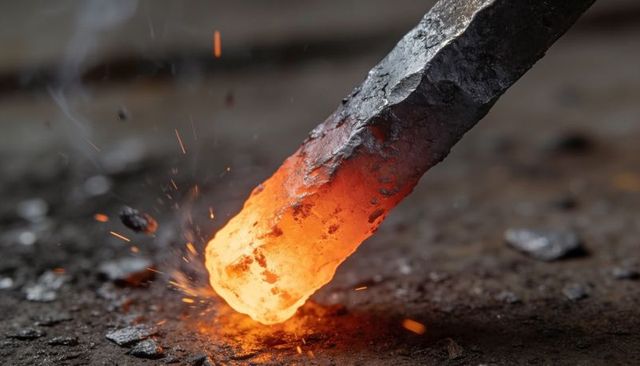 Red-hot steel rod striking forge floor, ejecting sparks, embers and molten slag