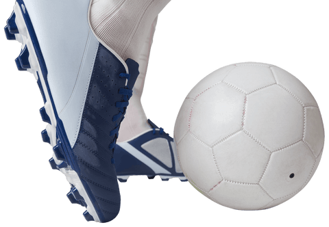 Close-up football player in action with ball on transparent background