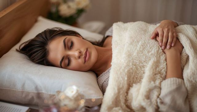 Young woman resting in cozy bed with plush blanket and pillow, peaceful evening
