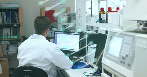 Scientist Analyzing Data with DNA Animation in Laboratory