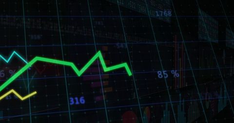 Green line graph over digital grid background