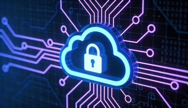 Glowing Cloud Lock Hovering over Neon Circuit Network Representing Cloud Encryption