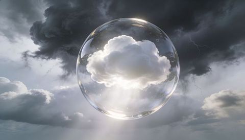 Glass orb encasing bright cloud amid stormy sky with lightning and sunbeams