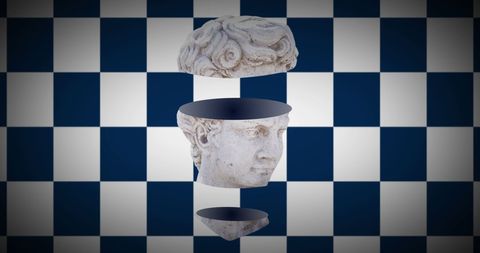 Abstract sliced ancient sculpture on checkered background