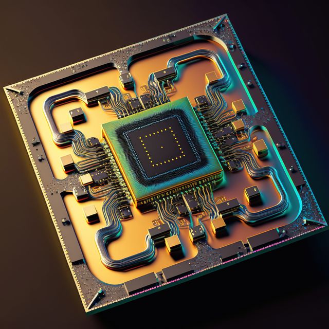Microchip processor with glowing circuitry representing advanced technology and innovation in the electronics industry. Ideal for use in articles about cybersecurity, cutting-edge tech, digital engineering, artificial intelligence, and futuristic concepts.