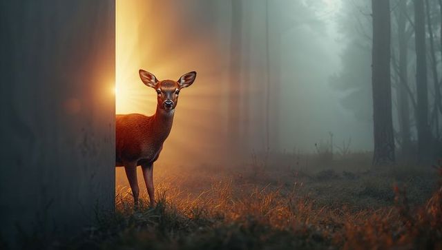 Deer Peering from Tree in Glowing Forest Sunrise