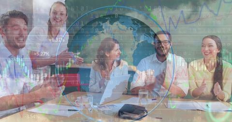 Global business presentation with diverse team and data overlay