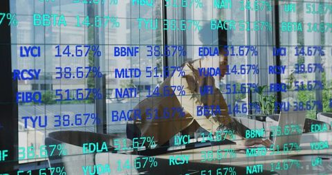 Businesswoman Analyzing Financial Data with Digital Overlay Modern Office