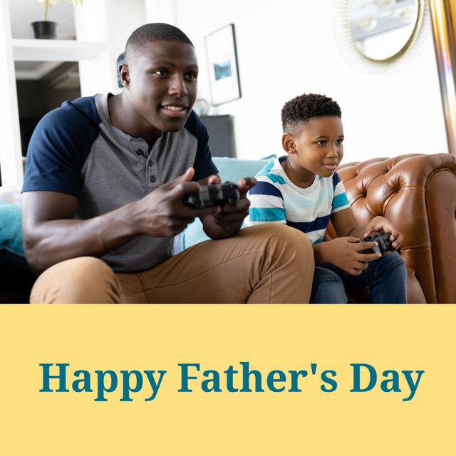 Father and son enjoying time together playing video games on Father's Day. Perfect for articles or advertisements related to Father's Day celebrations, family bonding, fatherhood, and parenting. Great visual for blogs, social media posts, and greeting cards celebrating father-child relationships.