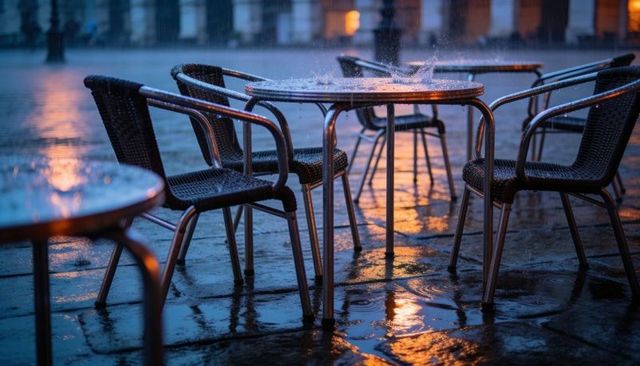 Empty outdoor cafe tables collecting raindrops at dusk with warm streetlight reflections, urban pudd