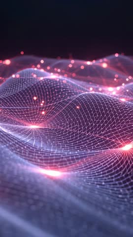 Undulating 3D Wireframe Mesh Pulsing Neon Nodes Vertical Abstract Digital Background