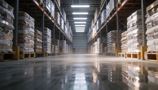 Reflective warehouse aisle showcasing stacked wrapped pallets on industrial racks for logistics