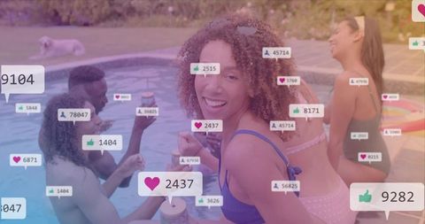 Smiling woman at pool party with social media overlays showing likes and followers
