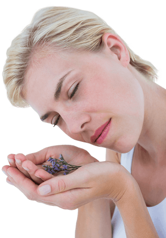 Peaceful woman holding flowers transparent background isolated