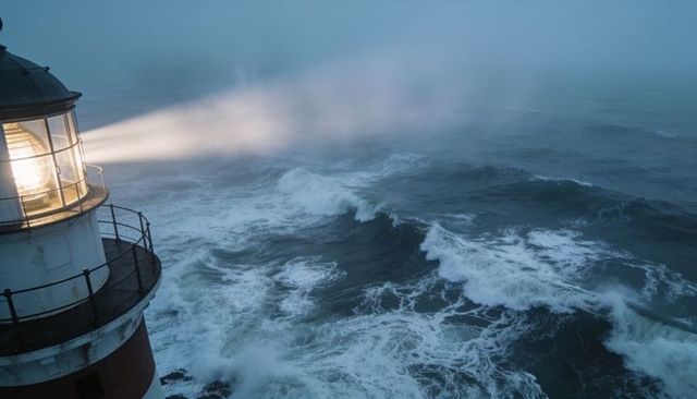 Lighthouse lantern cutting through fog over turbulent ocean waves, moody coastal beacon