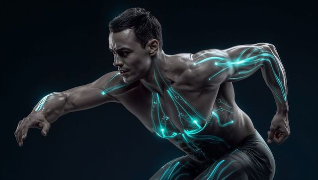 Cybernetic athlete man lunging with neon biometric circuitry overlay for futuristic fitness