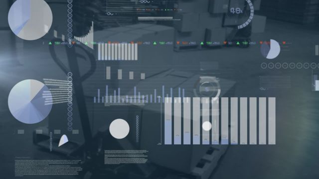 Depicting an animated overlay of data processing and digital interfaces in a warehouse setting, this image is perfect for illustrating the integration of technology and data analytics in logistics and supply chain management. Use it for business presentations, technology articles, or to highlight the role of digitalization in modern warehouses.