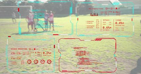 Youth soccer players analyzing performance with augmented reality HUD overlay on grass field