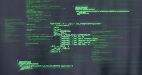 Green Terminal Code Stream on Dark Screen with Motion Blur and Neon Cyber Aesthetic Depth