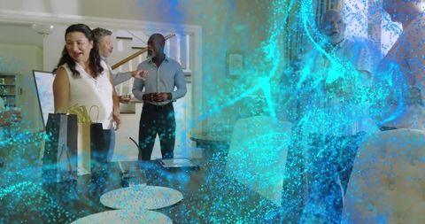 Multigenerational group chatting around dining table with turquoise holographic overlay