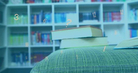 Books in library with floating numbers representing knowledge and education