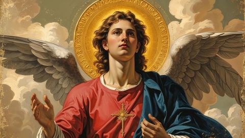 Radiant Angel with Halo and Wings Ascending in Skies