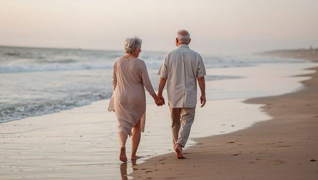 Senior couple walking hand in hand on sunset beach barefoot romantic stroll