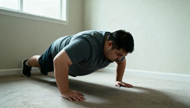 Asian man holding low-plank push-up during home workout in bright minimalist room