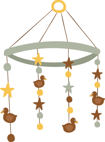 Whimsical baby mobile with ducks, stars, beads on transparent