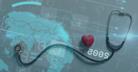 Stethoscope and Heart Model on Grey Table with Digital Map Overlay
