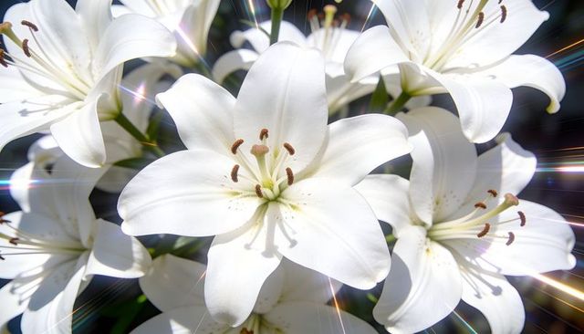 Radiant white lily cluster with sparkling lens flares and soft bokeh close-up