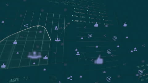 Depicts futuristics concepts of financial data processing with digital animations and social media icons. Ideal for use in presentations, videos on global business, economy trends, or technological advancements in finance.