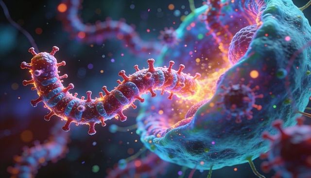Glowing virus filament fusing with cell membrane, neon microscopic fusion 3d illustration