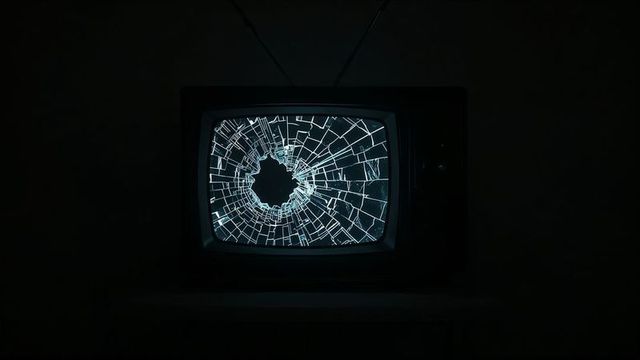 Cracked Screen CRT TV in Dark Room with Retro Vibes