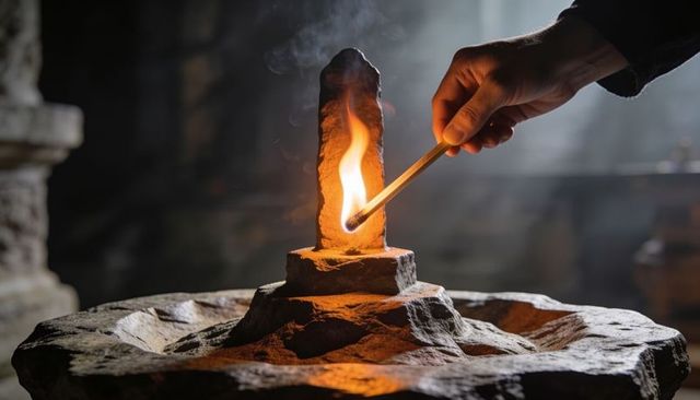 Hand lighting ancient stone shrine flame with match in dim temple