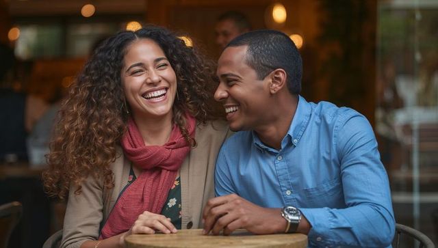 Couple Laughing in Cozy Coffee Shop Setting