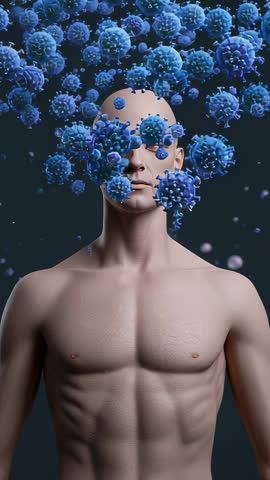 Vertical video bare-chested model facing swirling blue viral spheres in futuristic digital void