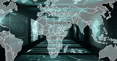 Futuristic holographic world map projection in high-tech office