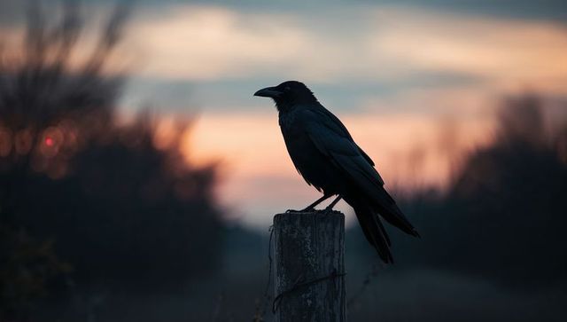 Crow Perching on Weathered Fence Post at Dusk in Countryside