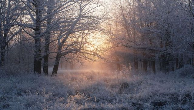 Sunrise gleaming through frosty meadow and bare trees in misty winter forest clearing