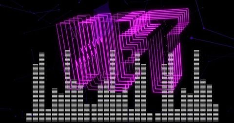 Rotating neon magenta wireframe tunnel with vertical audio equalizer bars