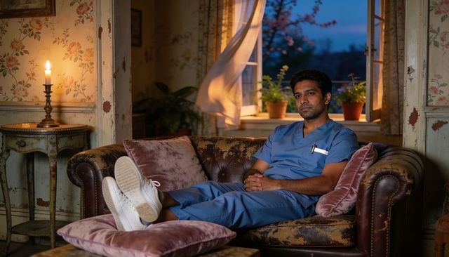 Nurse relaxing on vintage leather sofa at twilight in cozy floral living room