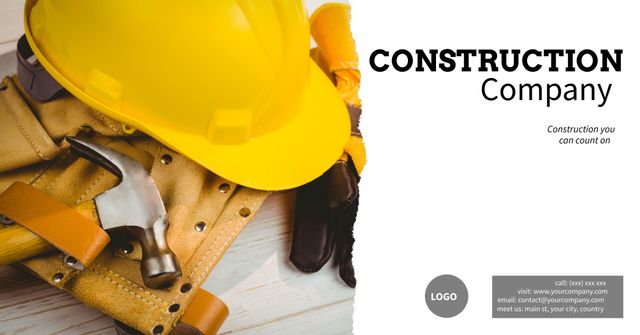 Professional construction tools arranged on a wooden surface, with a yellow hard hat symbolizing safety and skill. Perfect for promoting construction services, advertising skilled craftsmanship, and creating company banners or flyers.