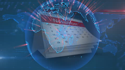 Global Calendar Concept with Digital World Map and Globe