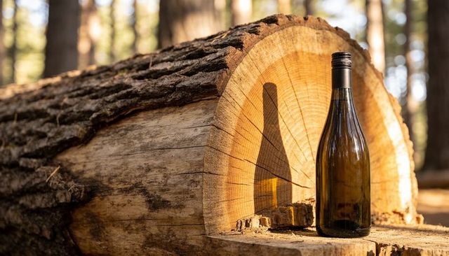 Dark glass bottle standing on log face with tree rings, sunlight casting shadow, rustic