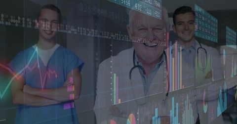 Clinicians standing with data visualization overlay, healthcare analytics and teamwork