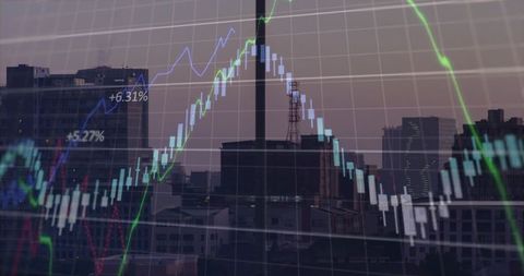 Overlaying candlestick stock chart over urban skyline at dusk with colored trend lines