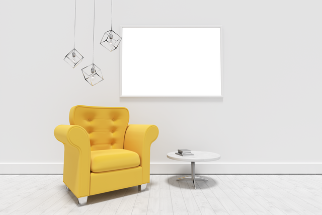 Modern Home Interior with Yellow Armchair and Transparent Black Photo Frame - Download Free Stock Videos Pikwizard.com